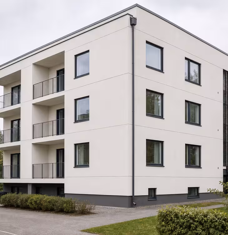 Modernin kerrostalon julkisivu maalauksen jälkeen.